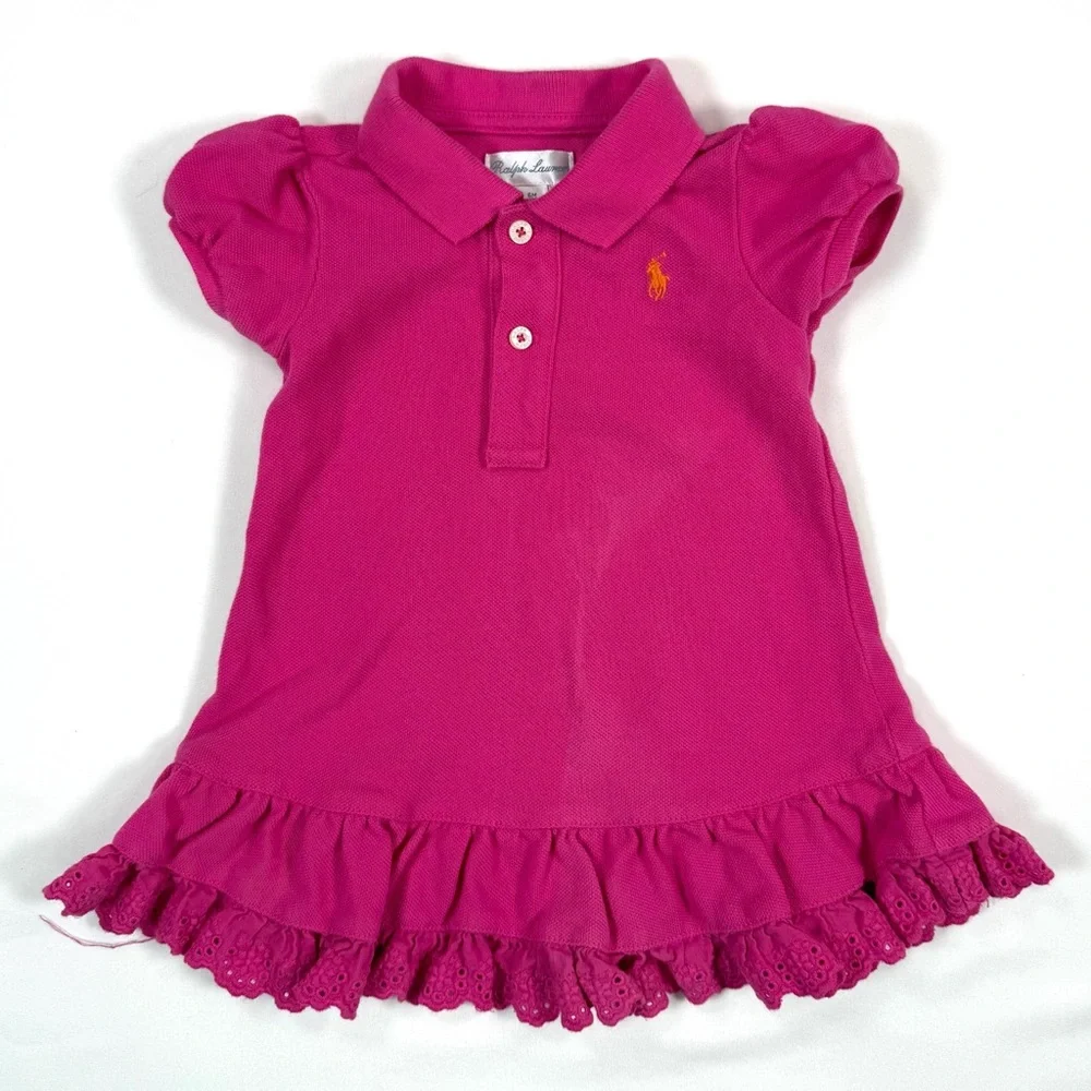 RALPH LAUREN Baby Girls’ 100% Cotton Hot Pink Polo Dress Preppy Academia Size 6M